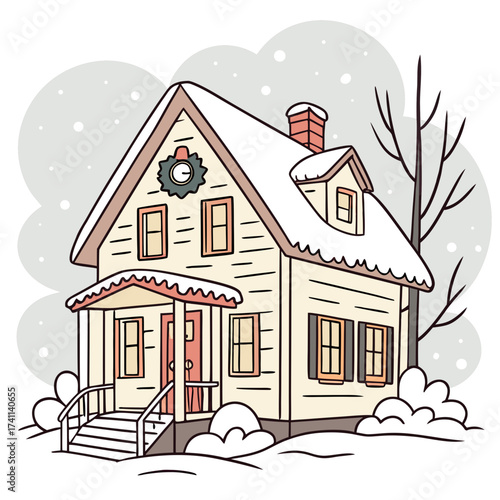 Winter Home with Snow and Wreath cozy cartoon