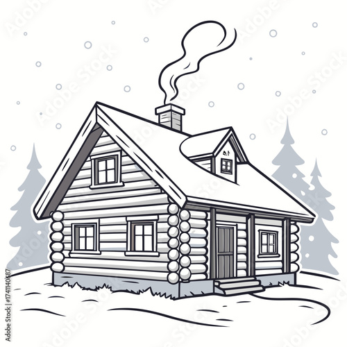 Winter log cabin with smoke from chimney house snow