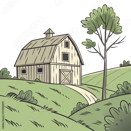 Wooden barn on a green hill with a single tree and winding path