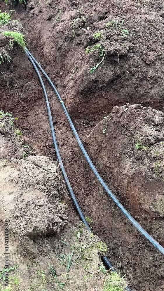 Two pipes laid in trench underground. Vertical. Laying of underground ...