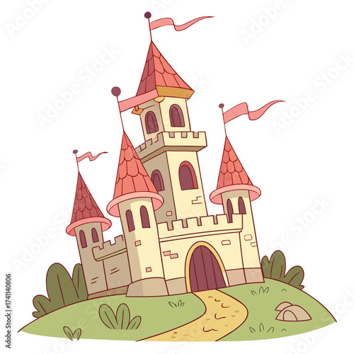 Yellow fairytale castle with red roofs and flags on a grassy hill