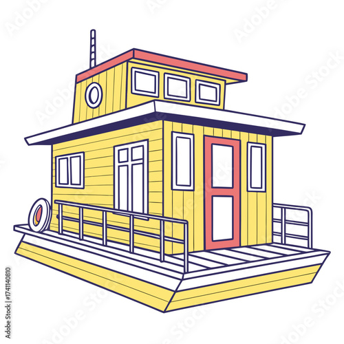 Yellow Cartoon Houseboat with Red Door and Windows