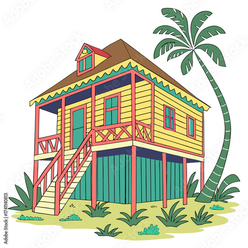 Yellow stilt house with a curved palm tree and green grass