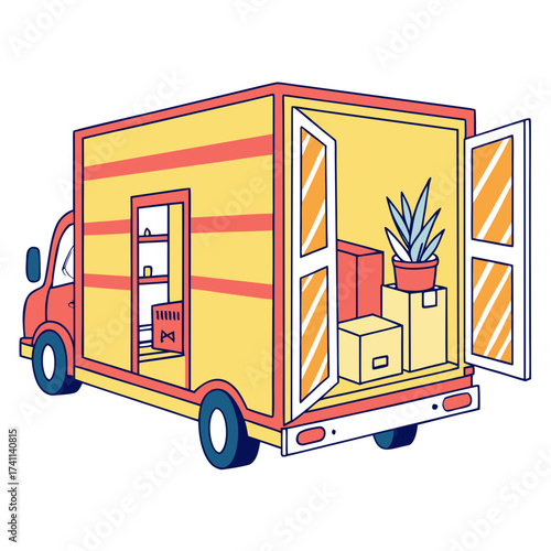 Yellow moving truck with open rear doors and interior contents