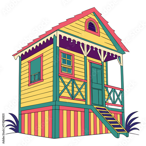 Yellow stilt house with decorative trim and striped base