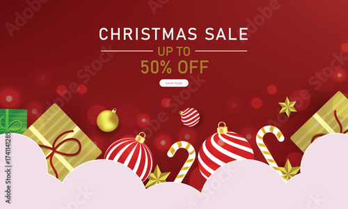 Merry Christmas and Happy new year sale banner design with paper cut clouds