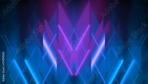 Bright geometric shapes create an energetic scene, with vivid blue and pink colors radiating from the center. design evokes a sense of rhythm and movement, perfect for a modern backdrop. 3d render