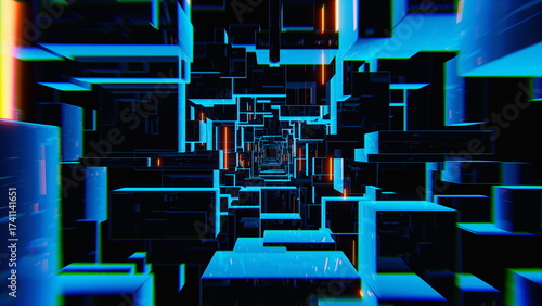 Fototapeta Naklejka Na Ścianę i Meble -  Colorful rectangular shapes create a dynamic digital tunnel effect in a futuristic landscape. glowing elements contrast against a dark background, enhancing the vibrant atmosphere. 3d render