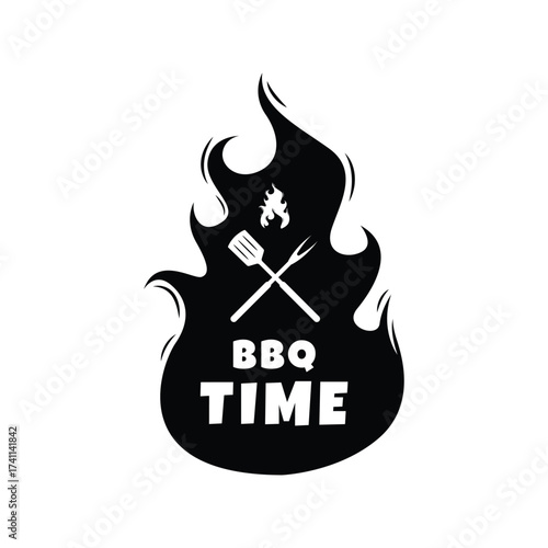 bbq time logo design concept idea with flame and fork