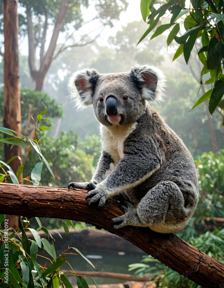 Fototapeta premium Grizzly koala perched on a branch in a misty forest