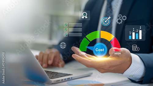 Cost management concept with businessman holding performance gauge, showing financial planning, data analysis, and strategy to reduce expenses and improve company efficiency