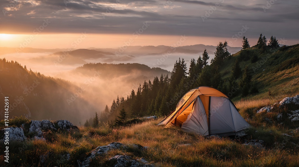 Obraz premium Tented camp on a mountain crest, sunrise over fog-filled valley