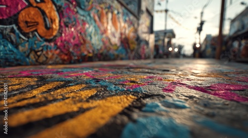 Urban Canvas: A street-level view of vibrant graffiti art in a city alleyway