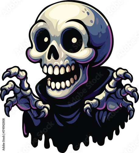 Creepy cartoon skull with glowing eyes and sharp claws for Halloween theme