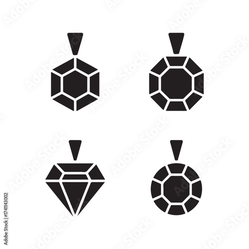 Gemstone Pendant Solid Jewelry Icons Set