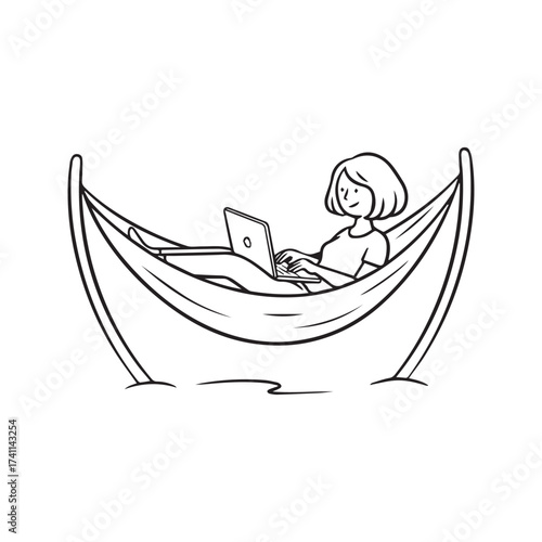 Minimalist line art of a woman working on a laptop while relaxing in a hammock. Digital nomad and remote freelance work concept.