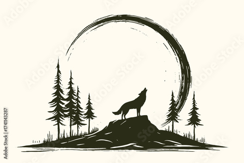 Wolf howling on cliff with trees ink brush sketch vector illustration