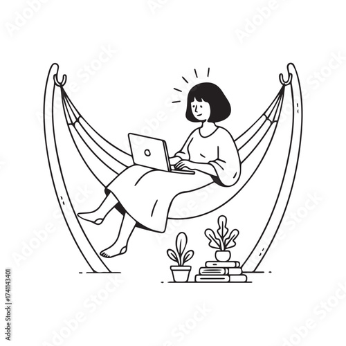 Minimalist line art of a woman working on a laptop while relaxing in a hammock. Digital nomad and remote freelance work concept.
