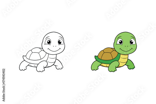 Vector art of a delightful illustration showcasing a charming baby turtle, presented in both a colored version and a black and white outline, , perfect for coloring books