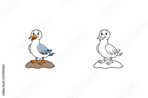 Illustration of a cute seagull standing on a rock, presented in both colored and line art versions, ideal for coastal themed designs
