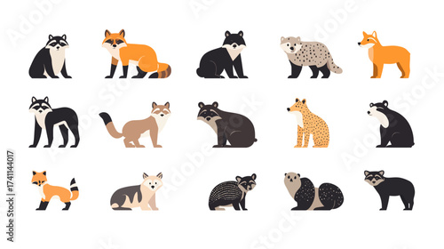 Diverse collection of cartoon animals illustrations featuring foxes, bears, raccoons, and more