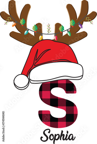 Christmas reindeer antlers and santa hat with initial s and name sophia