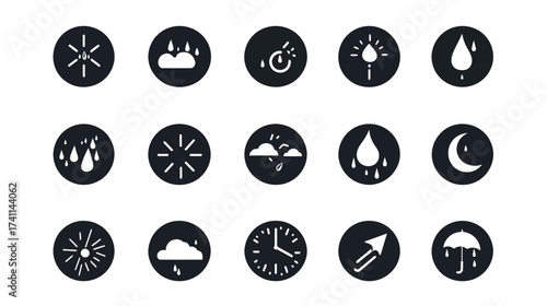 Weather Icons Diverse Symbols Depicting Sunshine, Rain, Storms, and Climate Elements