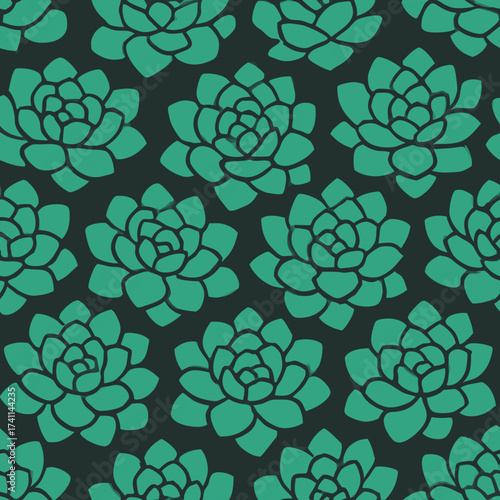 Seamless Pattern of Stylized Succulent Plants in Teal and Dark Gray.