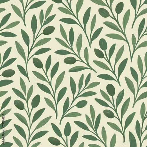 Organic Hand-Drawn Green Olive Branches Leaves and Olives Seamless Pattern Illustration.