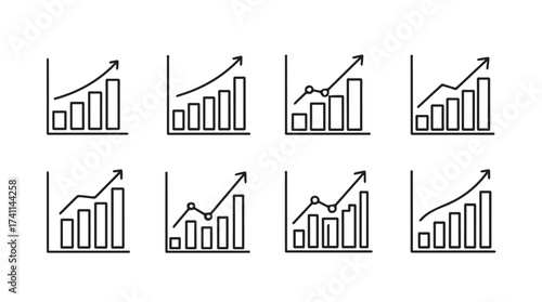 Set of eight hand-drawn bar chart icons with upward trending arrows representing growth and progress vector