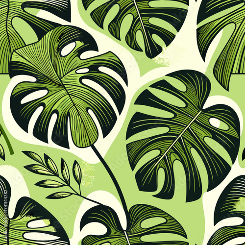Stylized tropical Monstera leaves with bold black linework fenestrations and vibrant red accents in a graphic modern illustration.