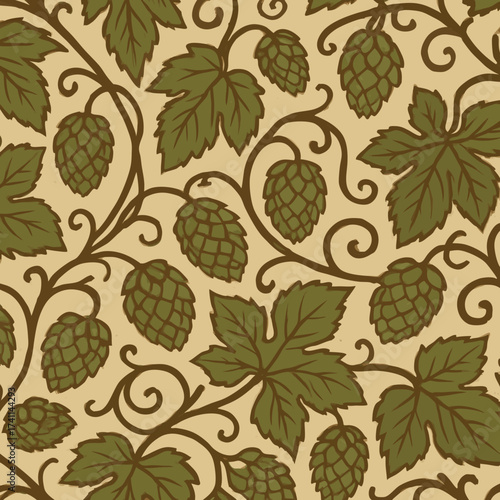 Decorative Hop Plant Pattern with Green Leaves and Brown Vines.
