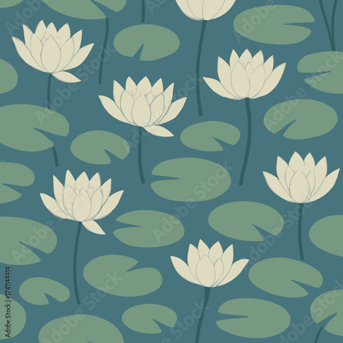 Seamless pattern of stylized white water lilies and green lily pads floating on a teal pond surface.