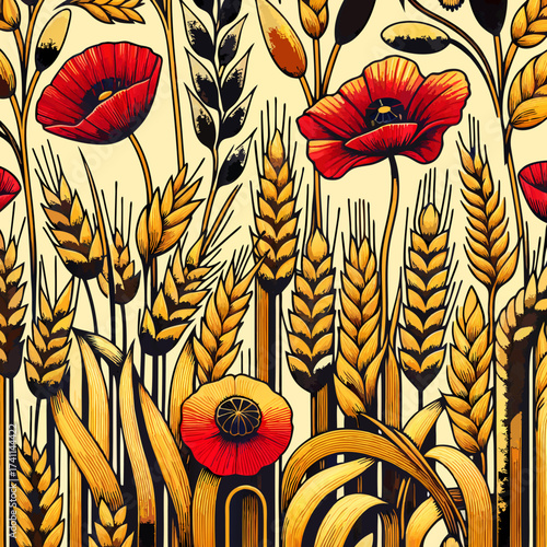 Stylized illustration of red poppies and golden wheat stalks in a seamless graphic floral pattern.