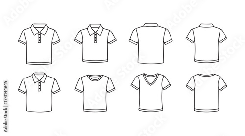 Collection of hand drawn polo shirts and t-shirts front and back views vector
