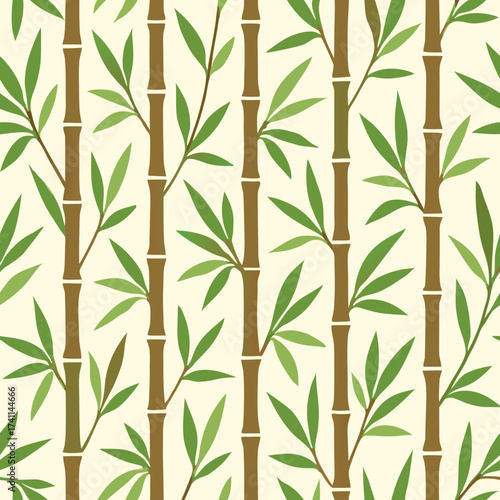Bamboo Stalks and Leaves Seamless Pattern Green and Brown Tones.
