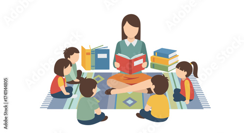 A teacher reads a book to a group of young children, fostering a love for reading and learning in a colorful, educational setting with books.