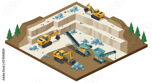 Industrial quarry scene with heavy machinery in isometric design