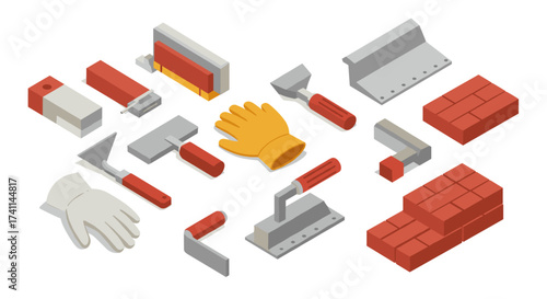 Essential construction tools in isometric style for building and renovation projects