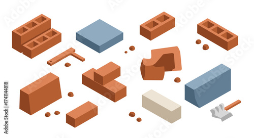 Isometric bricks and tools set for construction design projects