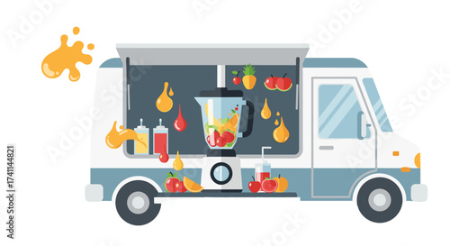 A vibrant illustration of a food truck preparing fresh fruit smoothies, featuring a blender, various fruits, and juice splashes, perfect for healthy eating concepts and food-related designs.