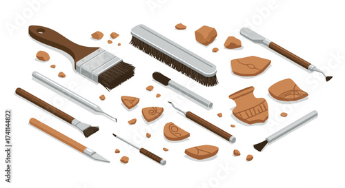 Archaeological tools and artifacts on white background in isometric style