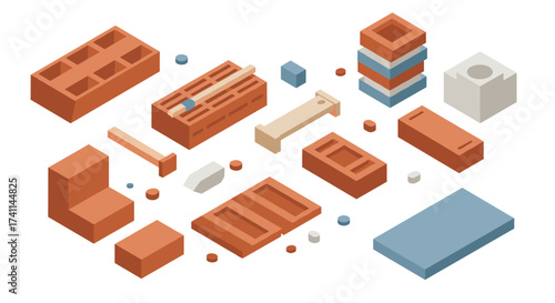 Isometric construction elements collection with bricks and building materials