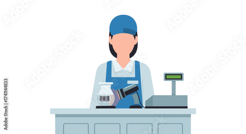 An illustrated cashier stands behind a counter at a grocery store, scanning items with a barcode reader, representing a concept of retail and shopping.