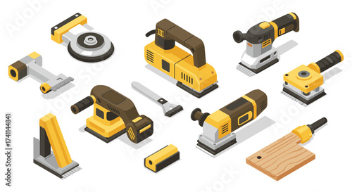 Isometric collection of power tools in modern style for construction and woodworking projects