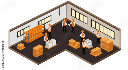 Modern warehouse team managing inventory with technology in isometric office design