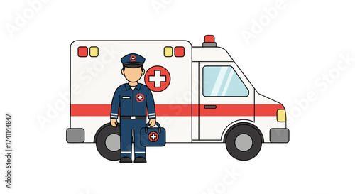 An illustrated paramedic stands confidently next to an ambulance, ready to provide medical assistance and emergency care, representing healthcare and rescue services.