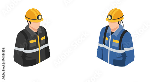 Isometric workers in safety gear: yellow hard hats and high-visibility clothing
