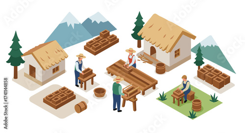 Isometric woodworking village scene with craftsmen and rustic cabins
