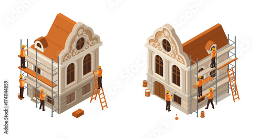 Historic building renovation isometric art with construction workers and scaffolding